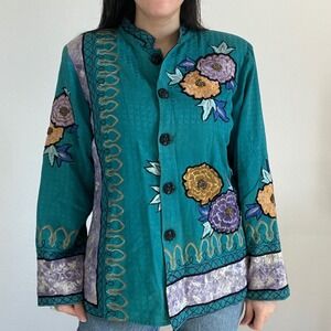 Alex Kin Button Cotton Blend jacket Women PM Teal‎ Floral Embroidered Beaded